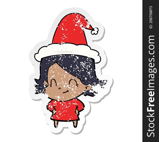 Distressed Sticker Cartoon Of A Friendly Girl Wearing Santa Hat