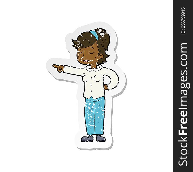 Retro Distressed Sticker Of A Cartoon Friendly Woman Pointing