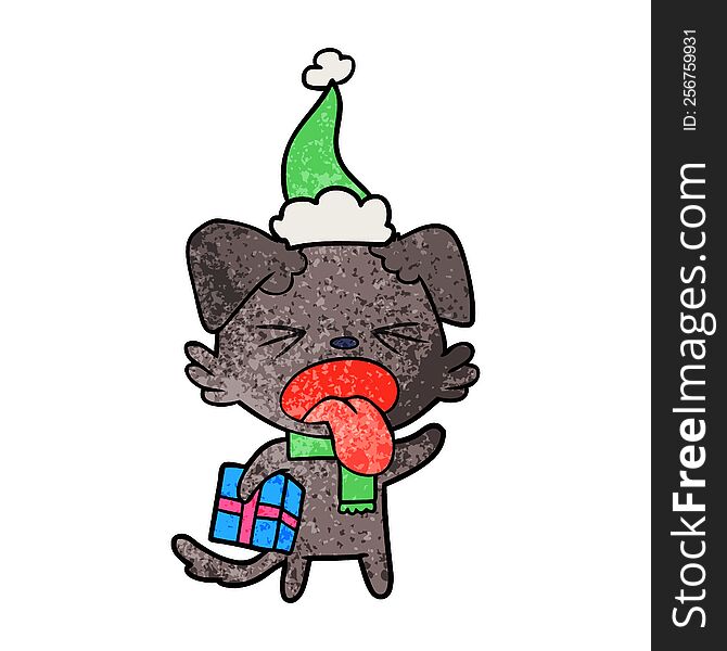 hand drawn textured cartoon of a disgusted dog with christmas gift wearing santa hat