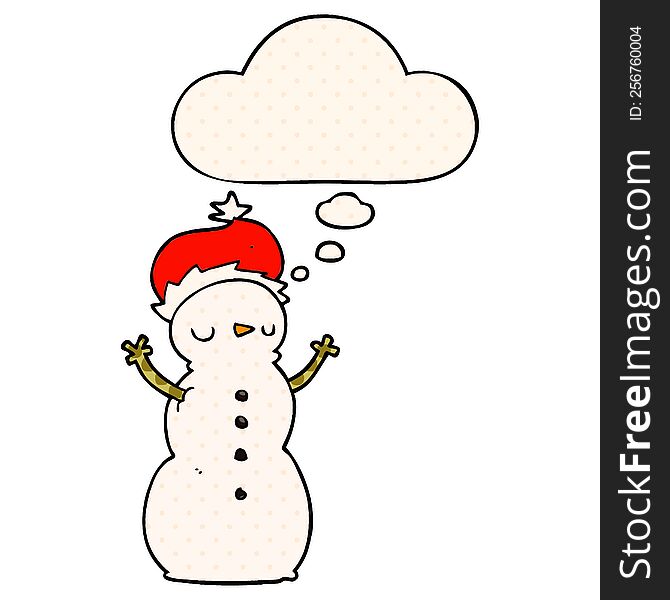 Cartoon Snowman And Thought Bubble In Comic Book Style