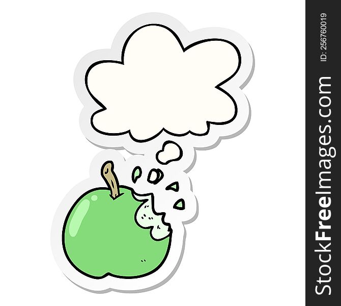 cartoon bitten apple with thought bubble as a printed sticker
