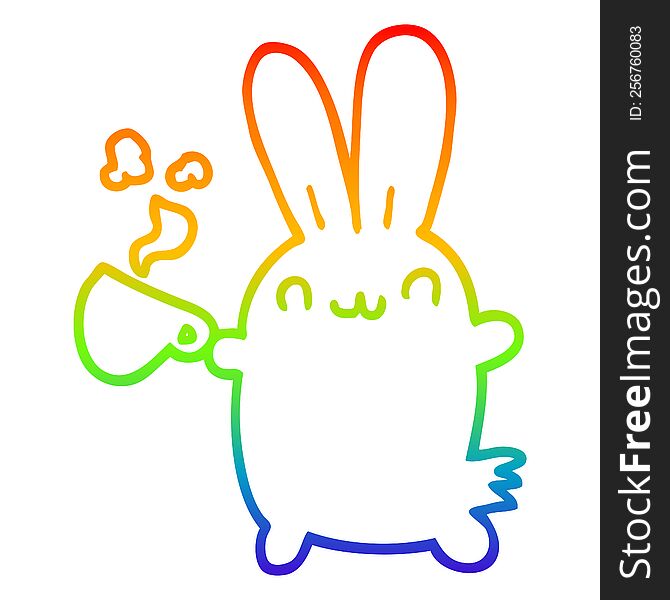 rainbow gradient line drawing of a cute cartoon rabbit drinking coffee
