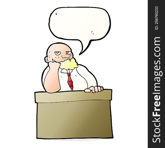 Cartoon Bored Man At Desk With Speech Bubble