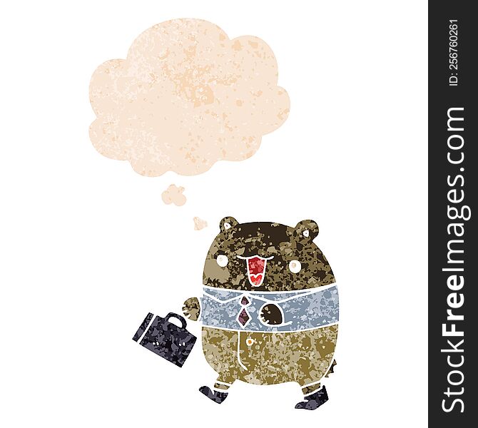 Cute Cartoon Business Bear And Thought Bubble In Retro Textured Style