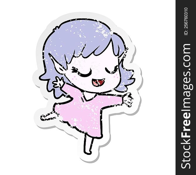 distressed sticker of a happy cartoon elf girl