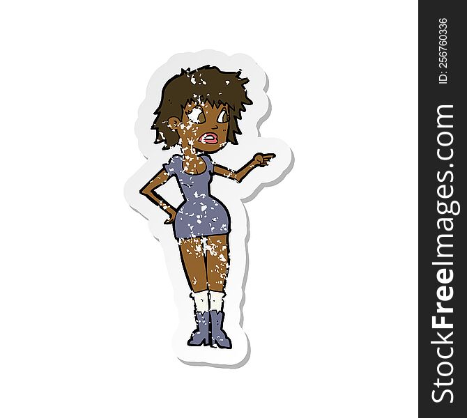 Retro Distressed Sticker Of A Cartoon Worried Woman In Dress Pointing