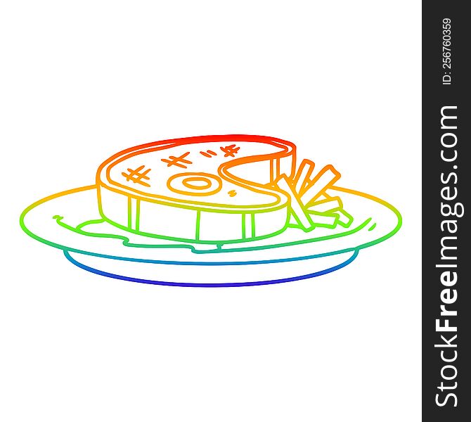 rainbow gradient line drawing of a cartoon steak dinner