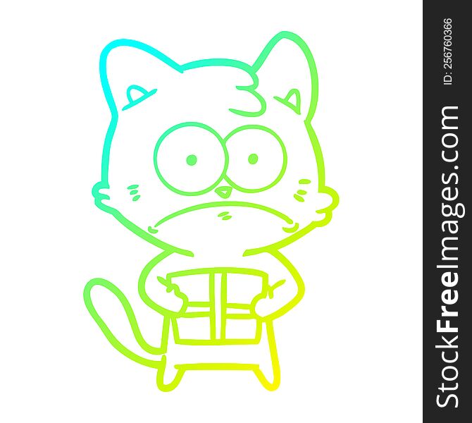 cold gradient line drawing of a cartoon cat with present