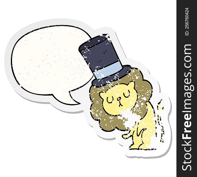 Cute Cartoon Lion Wearing Top Hat And Speech Bubble Distressed Sticker