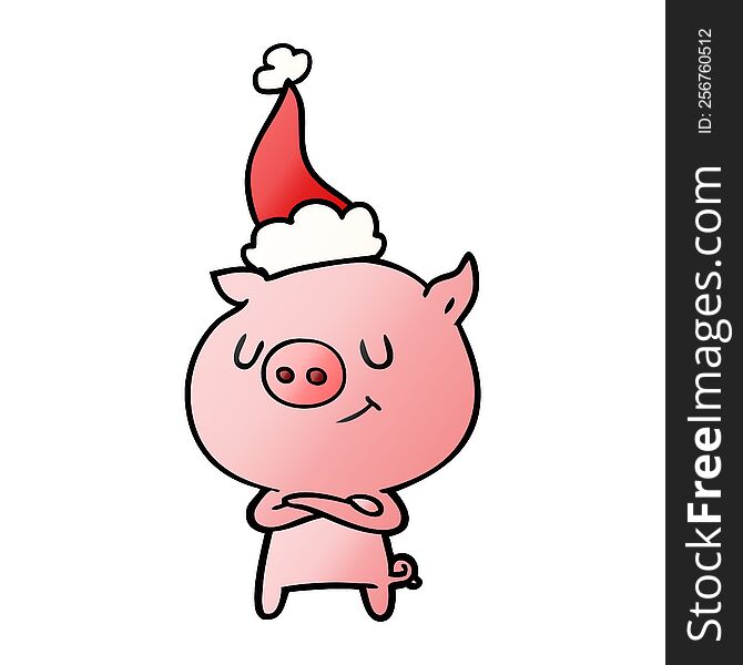happy hand drawn gradient cartoon of a pig wearing santa hat. happy hand drawn gradient cartoon of a pig wearing santa hat