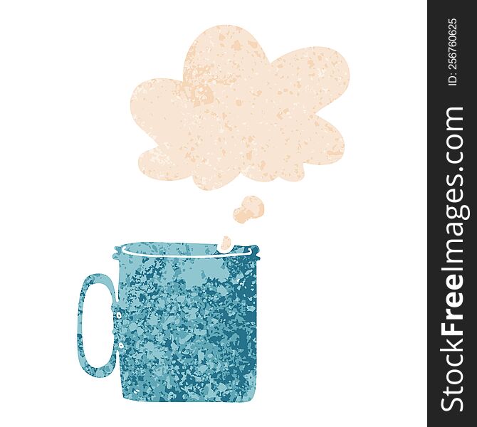 cartoon camping cup of coffee with thought bubble in grunge distressed retro textured style. cartoon camping cup of coffee with thought bubble in grunge distressed retro textured style