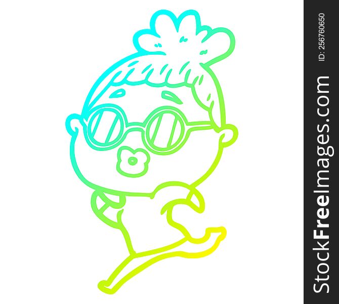 cold gradient line drawing of a cartoon woman running wearing sunglasses