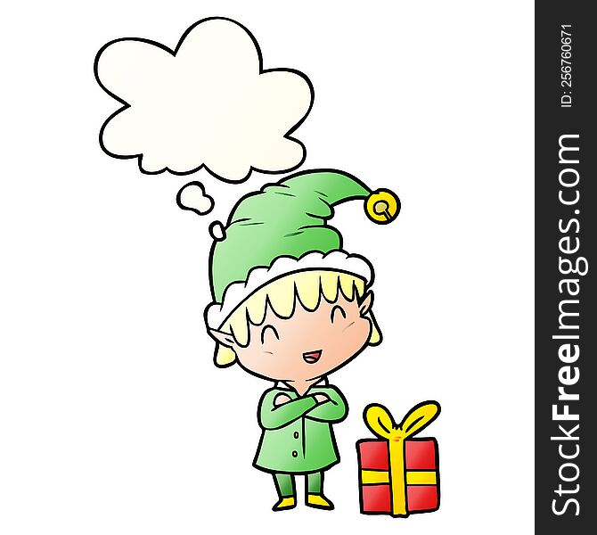cartoon happy christmas elf with thought bubble in smooth gradient style