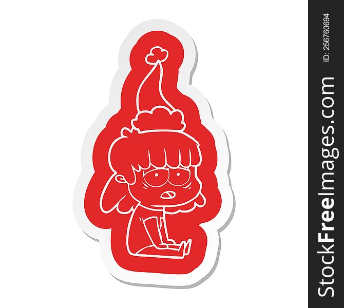 quirky cartoon  sticker of a tired woman wearing santa hat