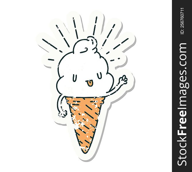 worn old sticker of a tattoo style ice cream character waving. worn old sticker of a tattoo style ice cream character waving