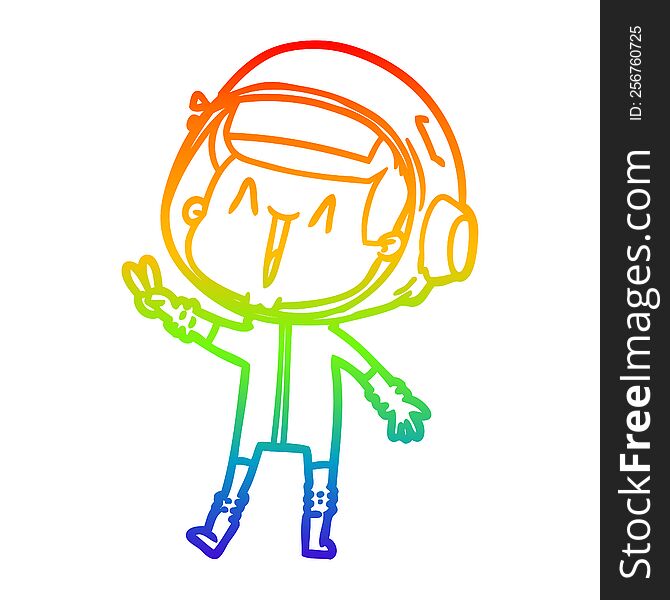 rainbow gradient line drawing of a happy cartoon astronaut giving peace sign