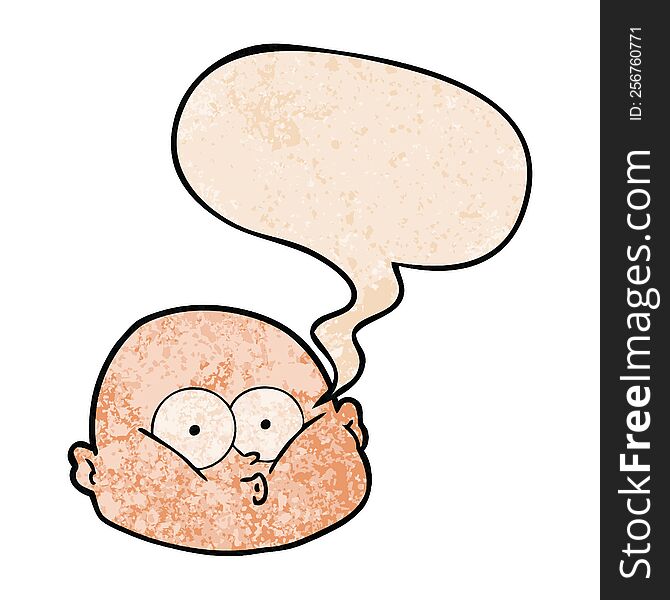 cartoon curious bald man with speech bubble in retro texture style