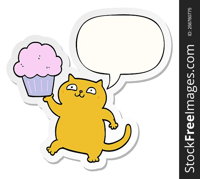 Cartoon Cat And Cupcake And Speech Bubble Sticker