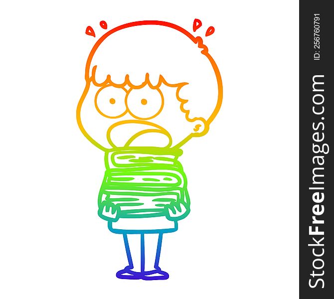 Rainbow Gradient Line Drawing Cartoon Shocked Boy With Stack Of Books