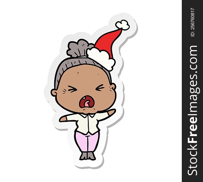 hand drawn sticker cartoon of a angry old woman wearing santa hat