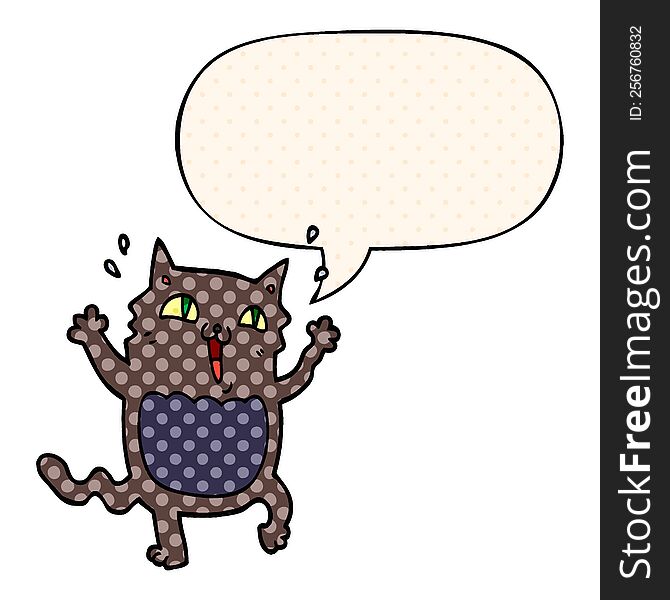 Cartoon Crazy Excited Cat And Speech Bubble In Comic Book Style