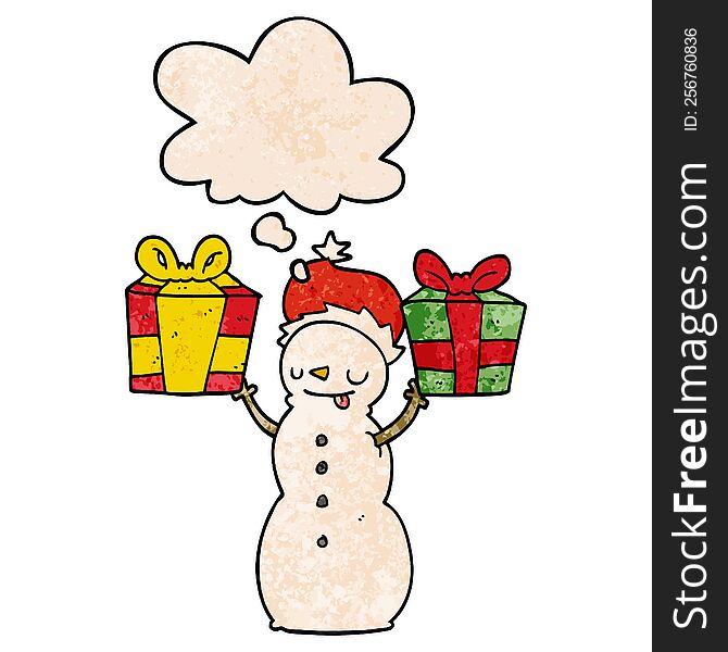 Cartoon Snowman With Present And Thought Bubble In Grunge Texture Pattern Style