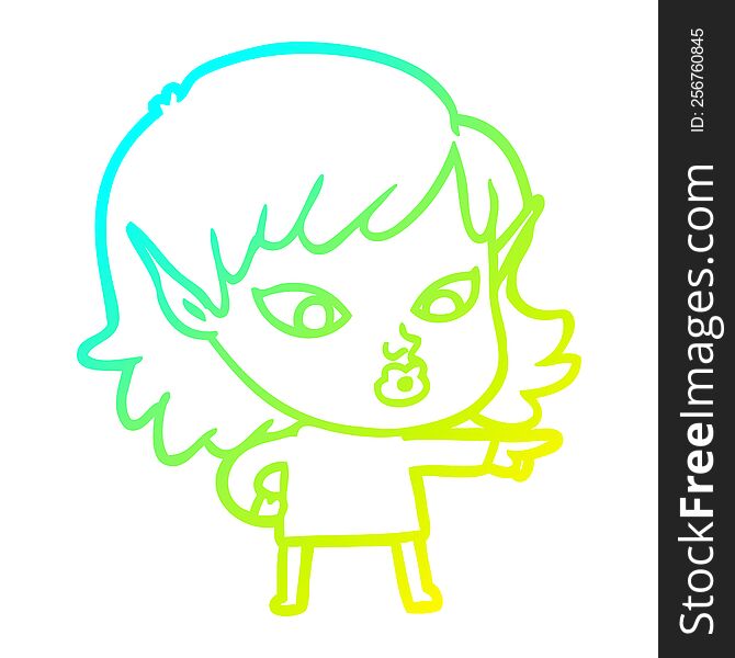 Cold Gradient Line Drawing Pretty Cartoon Elf Girl
