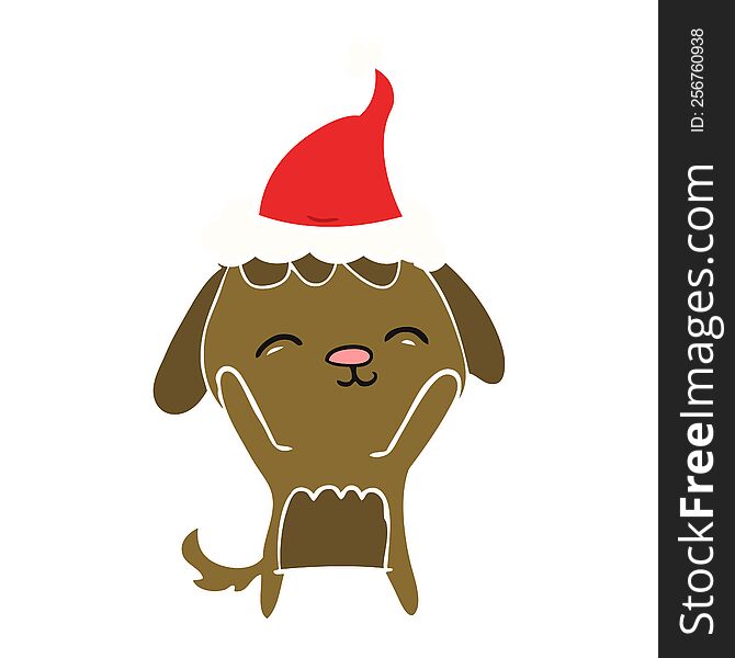 happy hand drawn flat color illustration of a dog wearing santa hat. happy hand drawn flat color illustration of a dog wearing santa hat