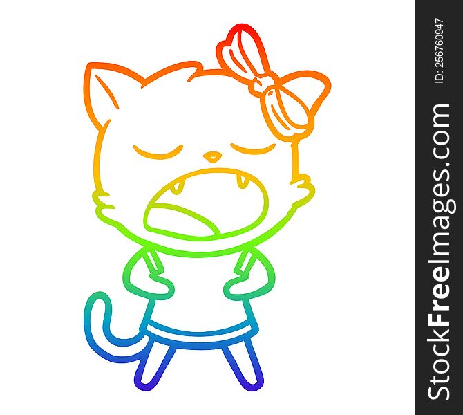 Rainbow Gradient Line Drawing Cartoon Yawning Cat