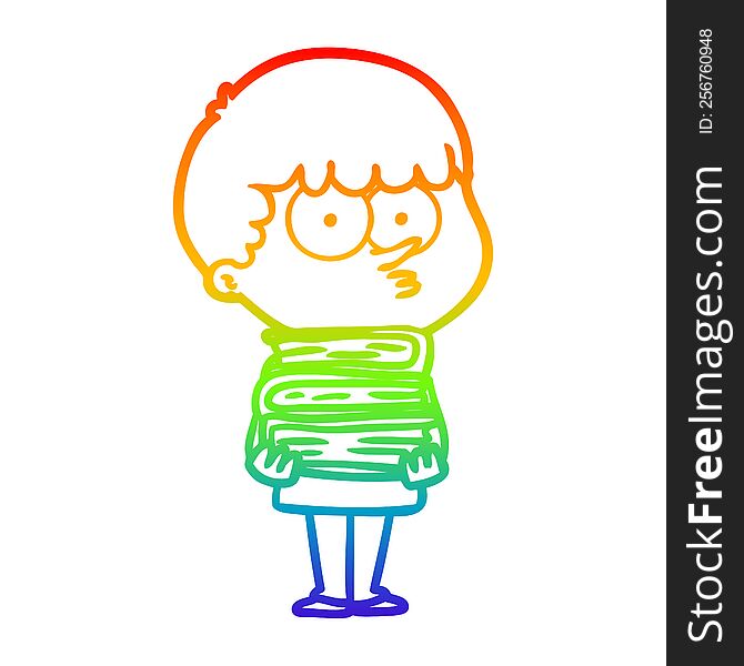 rainbow gradient line drawing of a cartoon curious boy with lots of books