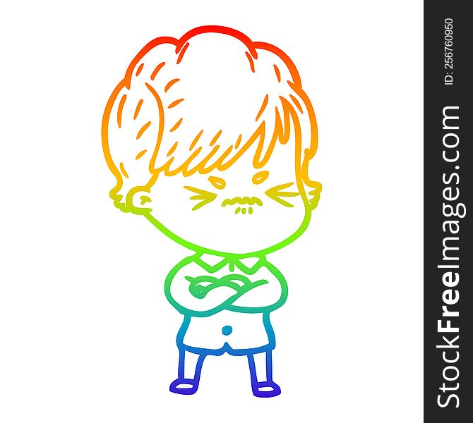 rainbow gradient line drawing of a cartoon frustrated woman