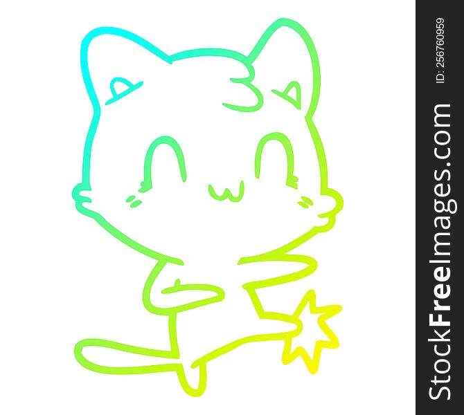 cold gradient line drawing of a cartoon happy cat karate kicking
