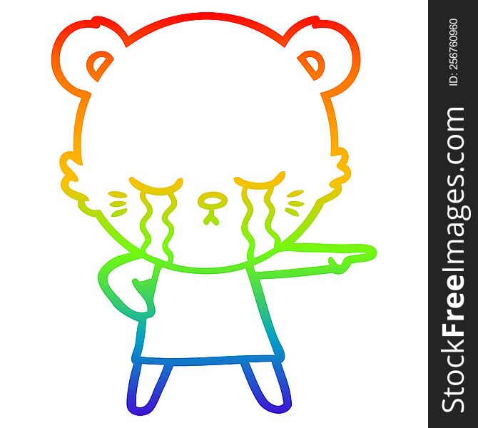 rainbow gradient line drawing of a crying cartoon bear in dress pointing