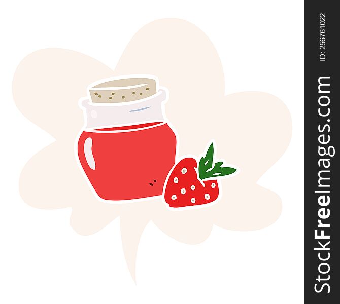 cartoon jar of strawberry jam with speech bubble in retro style
