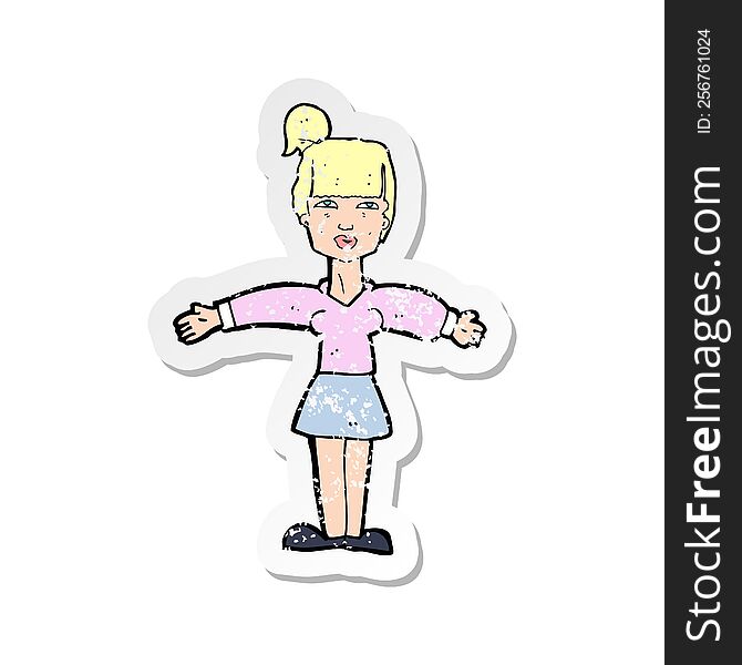 Retro Distressed Sticker Of A Cartoon Woman Shrugging Shoulders