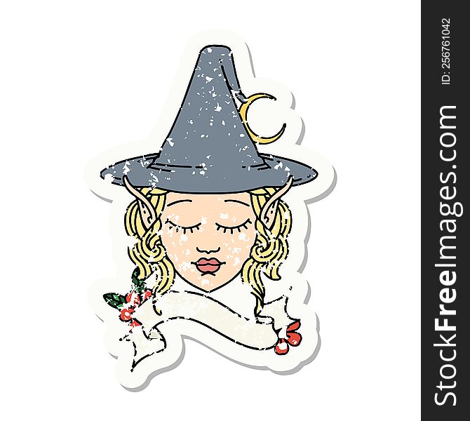grunge sticker of a elf mage character face. grunge sticker of a elf mage character face