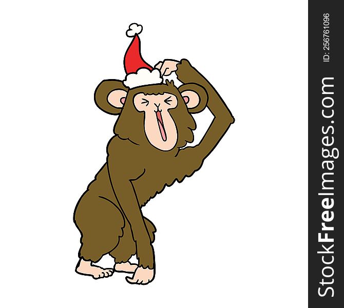 line drawing of a chimp scratching head wearing santa hat