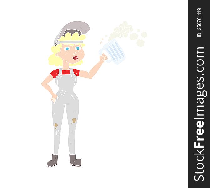 flat color illustration of a cartoon hard working woman with beer