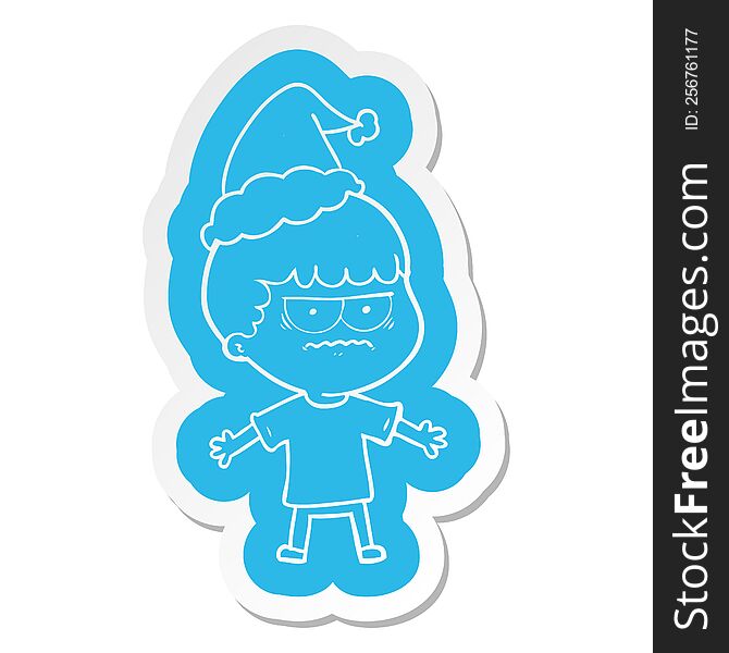 quirky cartoon  sticker of a angry man wearing santa hat