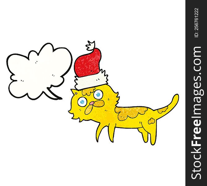 Speech Bubble Textured Cartoon Cat Wearing Christmas Hat