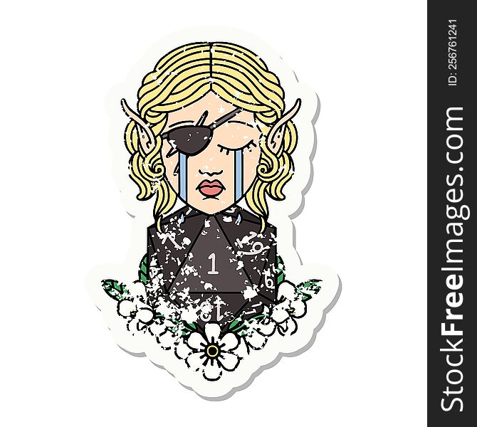 crying elf rogue character face with natural one D20 roll grunge sticker