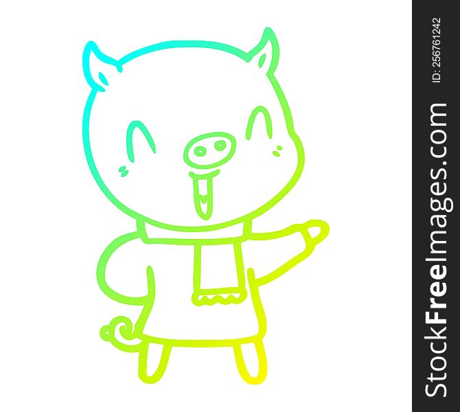 cold gradient line drawing of a happy cartoon pig in winter clothes