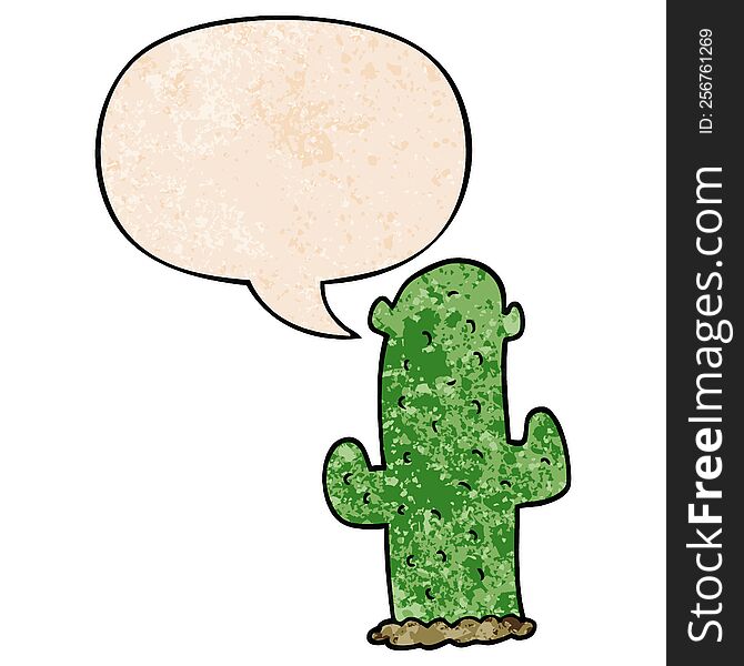 cartoon cactus with speech bubble in retro texture style