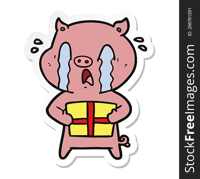 sticker of a crying pig cartoon delivering christmas present