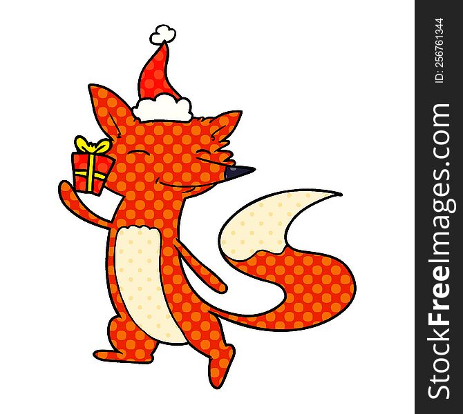 Comic Book Style Illustration Of A Happy Fox Wearing Santa Hat