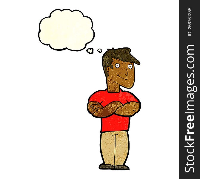 cartoon muscular man with thought bubble