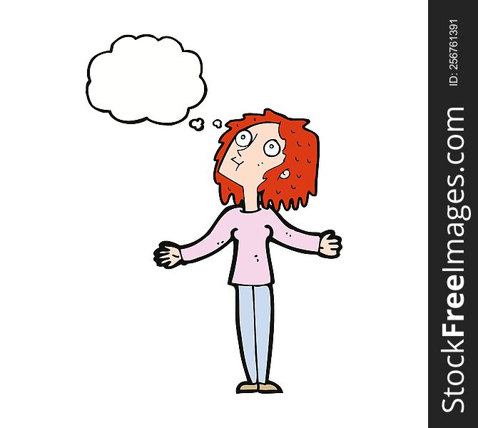 cartoon curious woman looking upwards with thought bubble