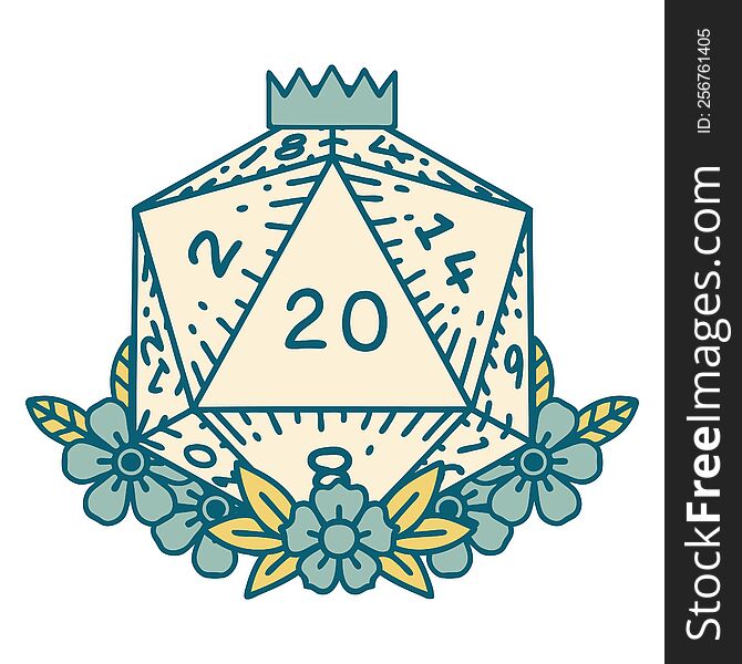 Natural 20 D20 Dice Roll With Floral Elements Illustration