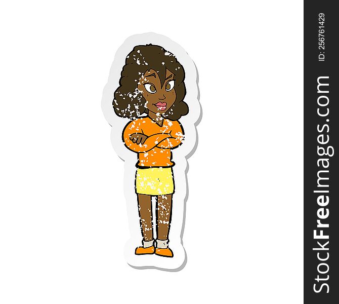 Retro Distressed Sticker Of A Cartoon Woman With Crossed Arms