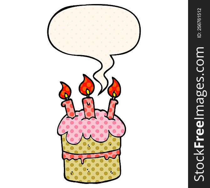 Cartoon Birthday Cake And Speech Bubble In Comic Book Style
